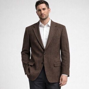 Oscar de la Renta Brown Herringbone Blazer Sport Coat Men’s 40L Wool Academia